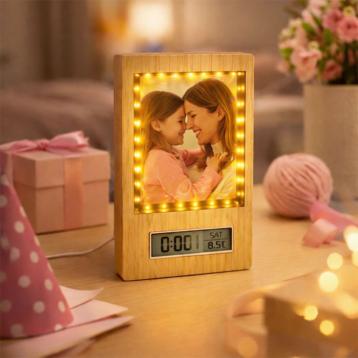 Ahşap Dijital Saat Sihirli Ayna Fotoğraf Çerçevesi - 1