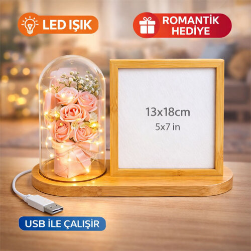 Ahşap Gül Buketi Ledli Fotoğraf Çerçevesi 13x18 - 2