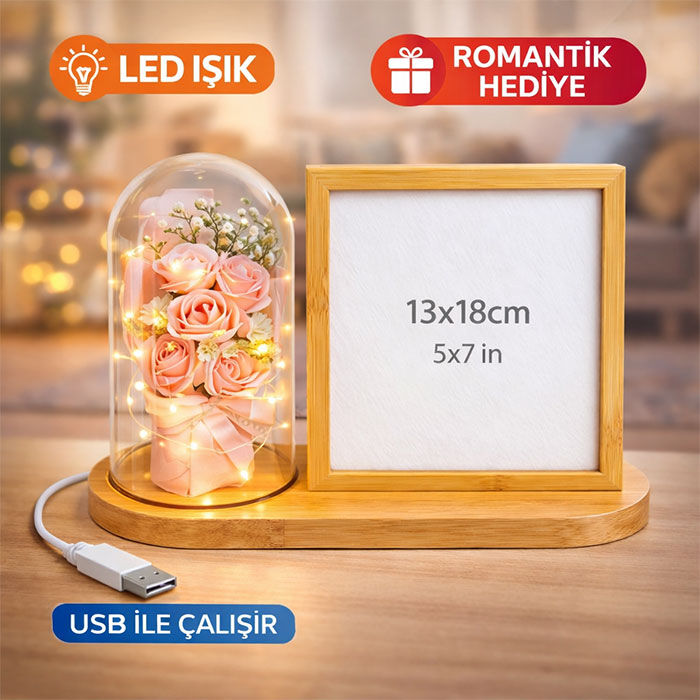Ahşap Gül Buketi Ledli Fotoğraf Çerçevesi 13x18 - 2