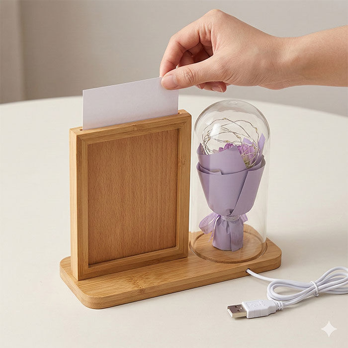 Ahşap Işıklı Gül Buketi Fotoğraf Çerçevesi 10x15 - 3