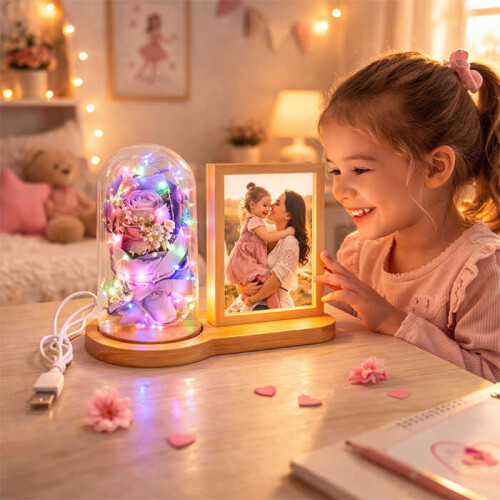 Ahşap Işıklı Gül Buketi Fotoğraf Çerçevesi 10x15 - 1