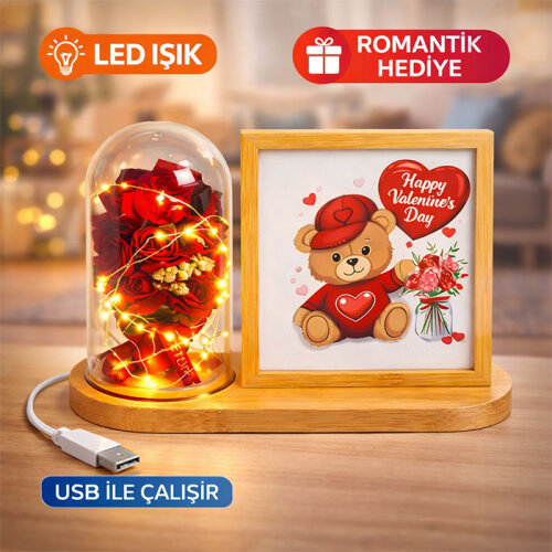 Ahşap Ledli Gül Buketi Fotoğraf Çerçevesi 13x18 - 1