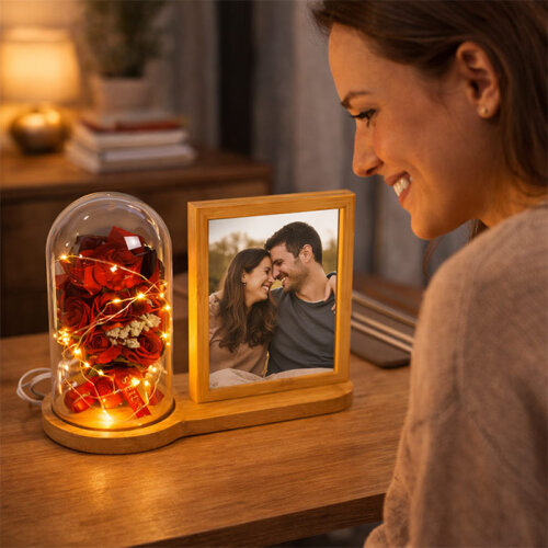 Ahşap Ledli Gül Buketi Fotoğraf Çerçevesi 13x18 - 2