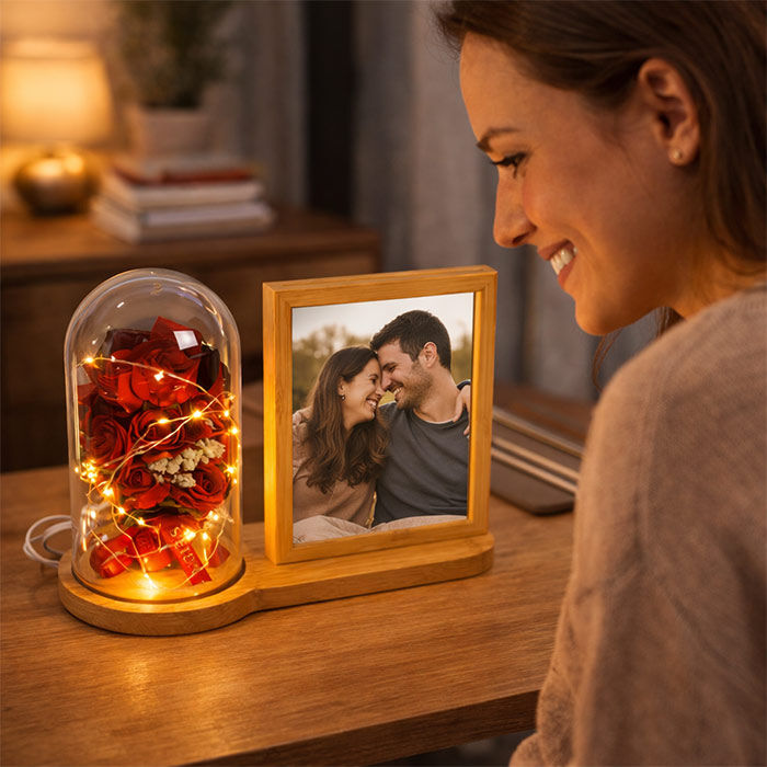 Ahşap Ledli Gül Buketi Fotoğraf Çerçevesi 13x18 - 2