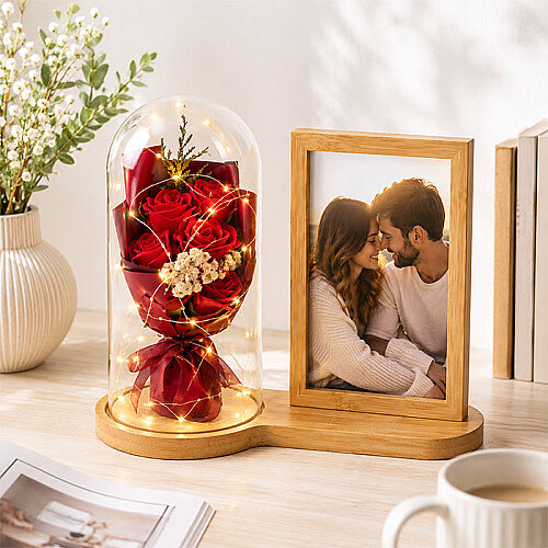 Ahşap Ledli Gül Buketi Fotoğraf Çerçevesi 13x18 - sanalbayim
