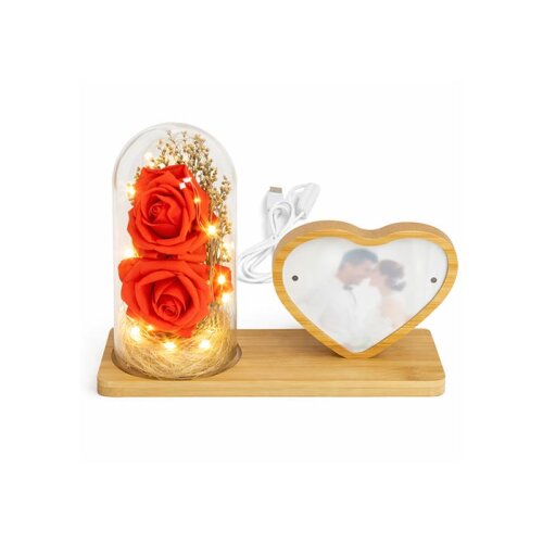 Ahşap Ledli Gül Fanus Kalp Fotoğraf Çerçeve 10x15 - 2