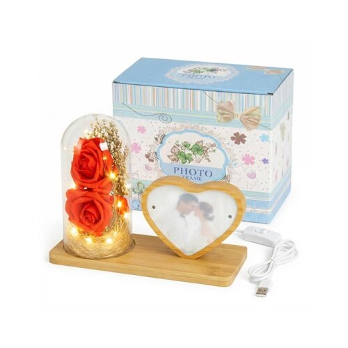 Ahşap Ledli Gül Fanus Kalp Fotoğraf Çerçeve 10x15 - 4