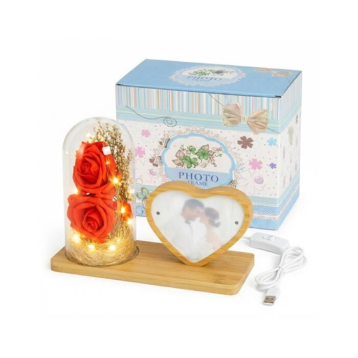 Ahşap Ledli Gül Fanus Kalp Fotoğraf Çerçeve 10x15 - 4