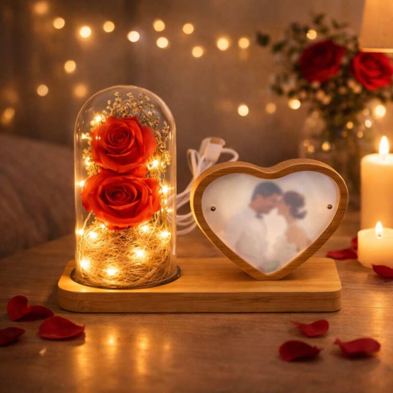 Ahşap Ledli Gül Fanus Kalp Fotoğraf Çerçeve 10x15 - 1