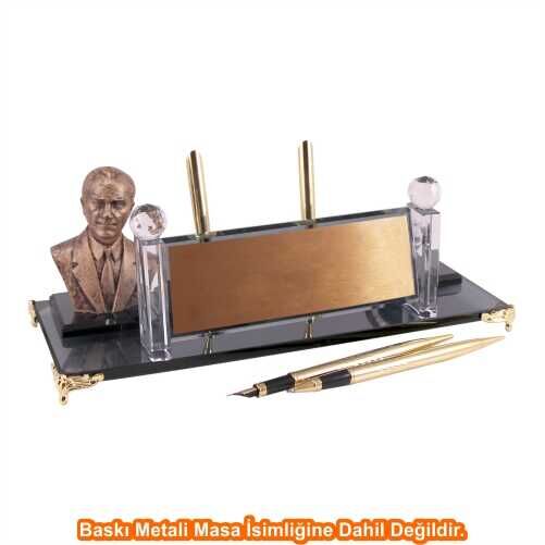 Altın Atatürklü Kristal Masa İsimliği KC1603 - 1
