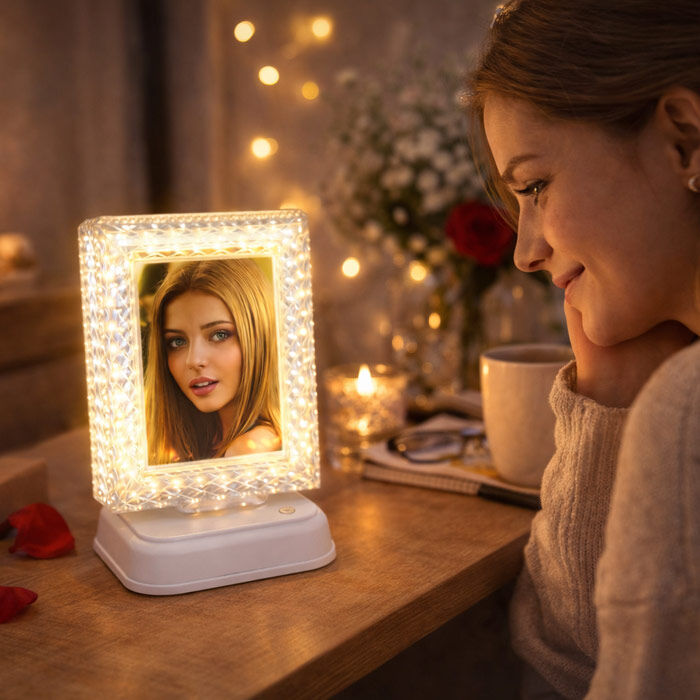 Dekoratif Işıklı Kristal Fotoğraf Çerçevesi Beyaz - 1