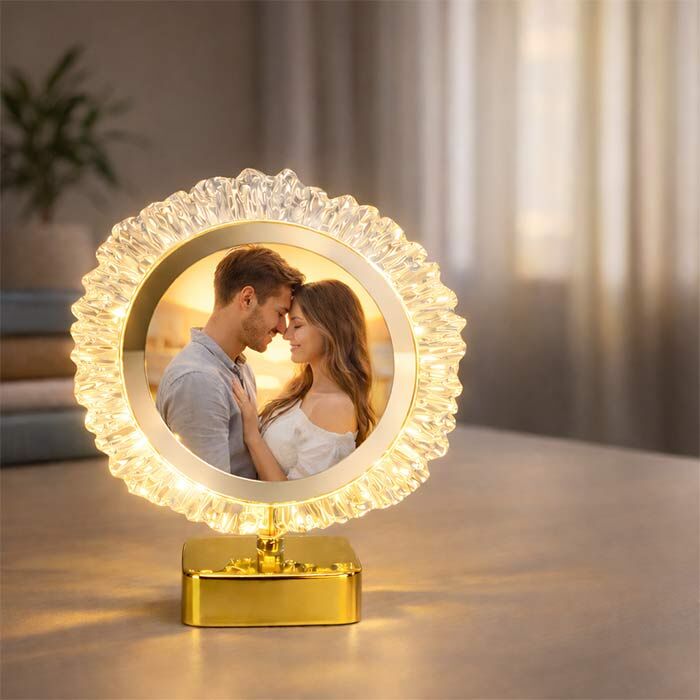 Dekoratif Işıklı Yuvarlak Fotoğraf Çerçeve Altın - 2