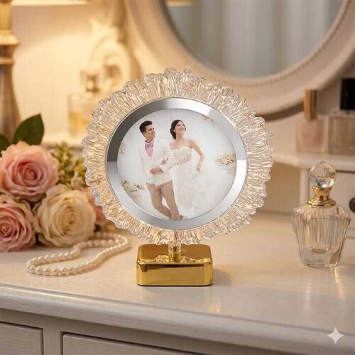 Dekoratif Işıklı Yuvarlak Fotoğraf Çerçeve Altın - sanalbayim