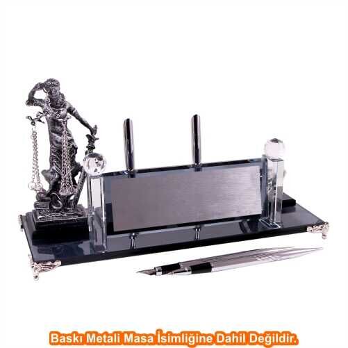 Gümüş Adalet Heykelli Kristal Masa İsimliği KC1606 - 4