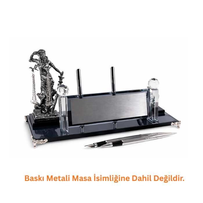 Gümüş Adalet Heykelli Kristal Masa İsimliği KC1606 - 1