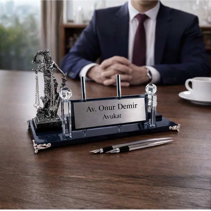 Gümüş Adalet Heykelli Kristal Masa İsimliği KC1606 - 2