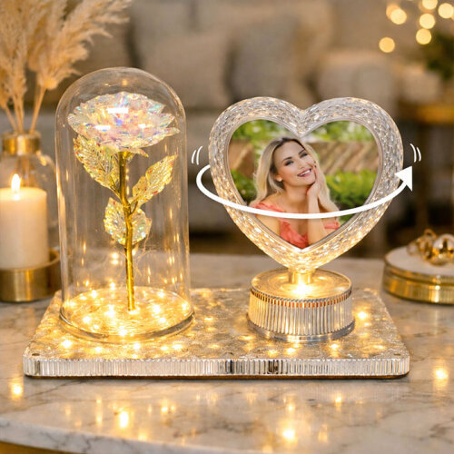 Işıklı Fanus Gül Gece Lambalı Fotoğraf Çerçevesi - 