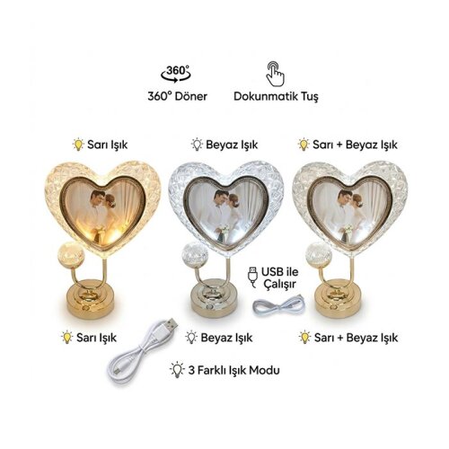 Masa Lambalı Kristal Kalp Fotoğraf Çerçevesi - 3