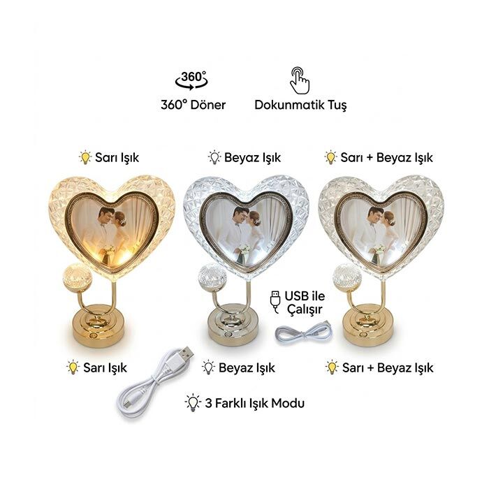 Masa Lambalı Kristal Kalp Fotoğraf Çerçevesi - 3