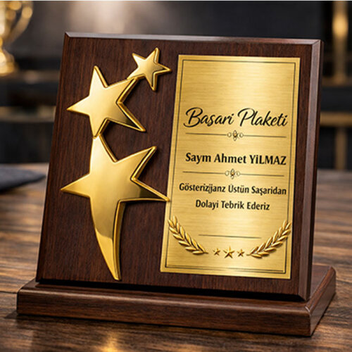 Plaket İçin 3lü Metal Yıldız Altın - 140mm - 1