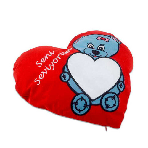 Sublimasyon Mavi Ayıcık Desen Kırmızı Kalp Yastık - (1)
